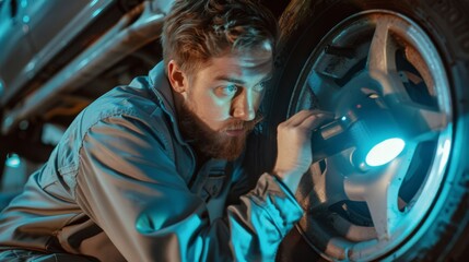 Close-up of a young bearded collision inspector with a flashlight