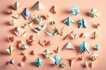 A collection of delicate, pastel-colored origami figures on a soft, pastel peach background with a subtle gradient effect