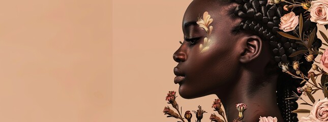 black woman with braids and flowers, empty space on the right side - obrazy, fototapety, plakaty