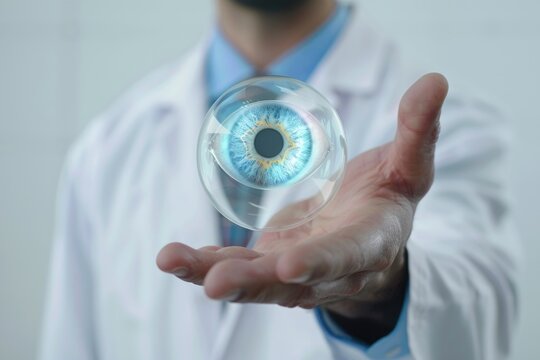 Doctor holding a levitating eye hologram, discussing advancements in ocular prosthetics, 3D illustration