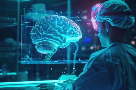 Futuristic brain surgeon analyzing a holographic model, planning a groundbreaking procedure, 3D illustration