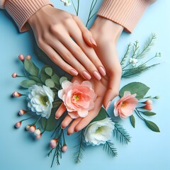 Female hands with beautiful manicure holding a bouquet of spring flowers generated by ai