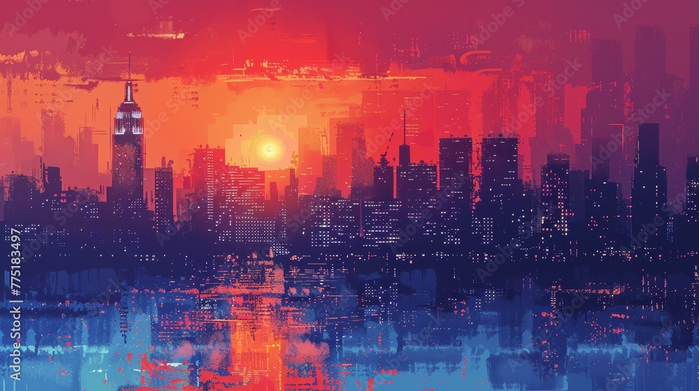 Poster a city skyline with a large building in the foreground and a sunset in the background. the sky is a 