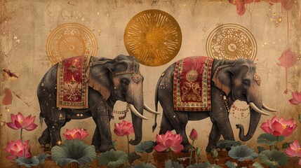 Obraz premium Sophisticated card with elephants in festive attire among lotus flowers, ancient Sinhalese symbols, and a golden sun for New Year prosperity.