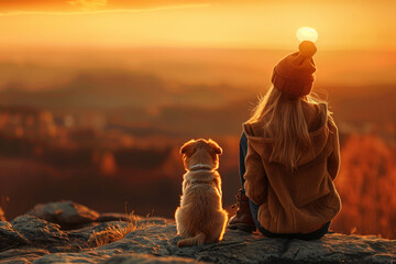 A young woman and her faithful dog sit side by side on a mountain, basking in the warm glow of a vibrant sunset.Personal reflection, meditation, mental and spiritual well-being - obrazy, fototapety, plakaty