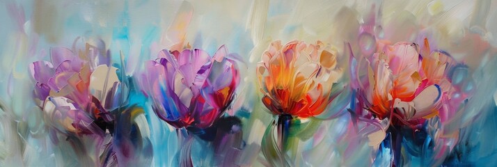 Oil painting, abstract tulip flowers in bright, colorful shades