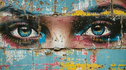 A painting of a woman's eyes with blue irises and pink eyelashes. The painting is done in a graffiti style and has a colorful, vibrant feel to it