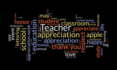 Teacher appreciation word cloud template. Education concept vector background.