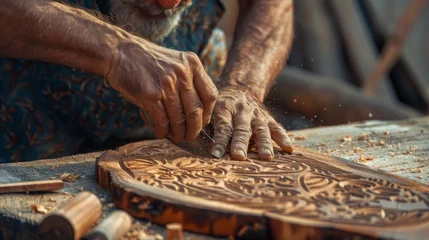 Cercles muraux Ancien avion Woodworking with a photograph of a carpenter carefully sawing a wooden board, creating intricate designs or patterns