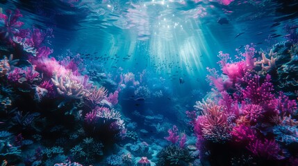 Fototapeta na wymiar A beautiful underwater scene with pink and purple coral and fish. The water is clear and the sun is shining brightly, creating a serene and peaceful atmosphere