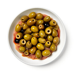 olives with tuna top view white backround сreated with Generative Ai