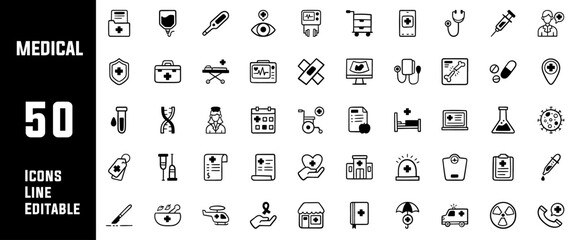 50 Medical and Healthcare Icons Set Pack Line Editable Vector Illustration - obrazy, fototapety, plakaty