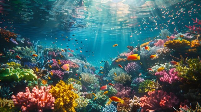 A colorful coral reef with many fish swimming around. The fish are of various colors and sizes, and the reef is teeming with life. The scene is vibrant and lively