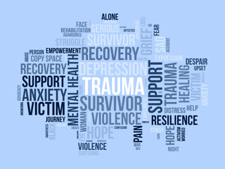 Trauma Survivors word cloud template. Health and Medical awareness concept vector background.