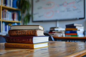 Image of school books stacked on a desk, with educational content written on a whiteboard in the background, symbolizing a focused learning environment. - obrazy, fototapety, plakaty