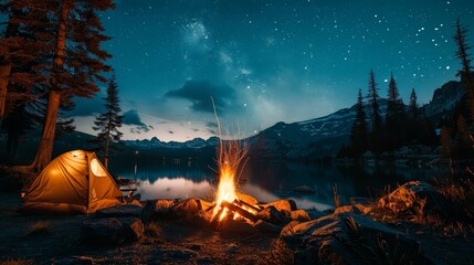 A campsite with a tent and a fire. The fire is lit and the sky is dark - obrazy, fototapety, plakaty
