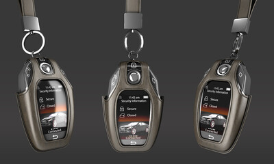 Car remote control key set in lather case realistic view 3d render on darck - 775185249