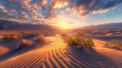 Fototapeta na wymiar Photographic realism sunset desert landscape with detailed sand dunes and golden hour lighting
