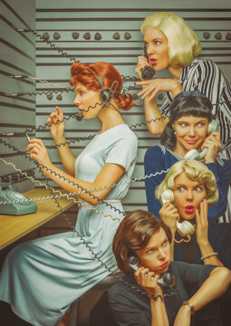 Vintage scene of four women from the 1950s gossiping on the phone, their handset connected to a switchboard station by a telephone operator
