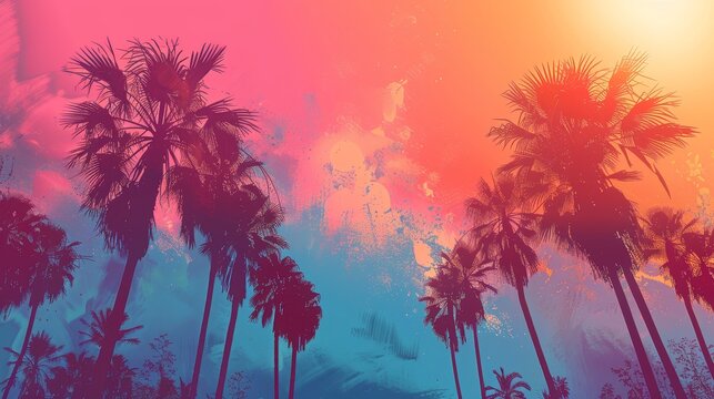 A tropical scene with palm trees and a colorful sky. The sky is a mix of blue and pink, giving the impression of a sunset. The palm trees are tall and spread out, creating a sense of depth