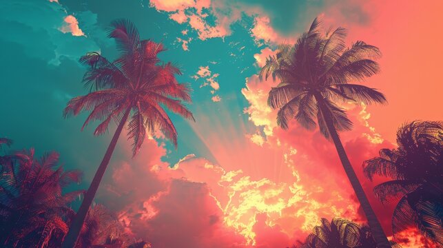 A tropical scene with two palm trees and a bright blue sky. The sky is filled with clouds and the sun is shining brightly. The scene is peaceful and relaxing