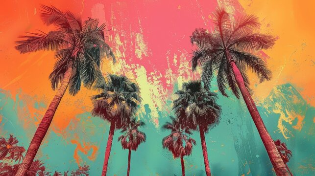 A painting of palm trees with a bright blue sky in the background. The sky is filled with bright colors, giving the painting a vibrant and lively feel