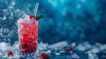 Refreshing Drink With Ice and Strawberries - obrazy, fototapety, plakaty