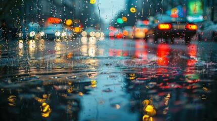 A rainy city street with cars and lights reflecting in the water. Scene is calm and peaceful, despite the rain - obrazy, fototapety, plakaty