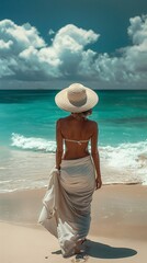 Image of a woman on a beach vacation, walking along the shore of a Caribbean island, dressed in a white sun hat and sarong skirt, with a panoramic ocean view in the background. - obrazy, fototapety, plakaty