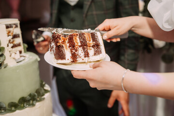 The image depicts a group of people cutting a cake at an event, possibly a wedding or birthday...