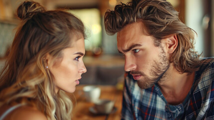 Naklejka premium Relaxed atmosphere as a couple casually engages in a conversation in a homey setting
