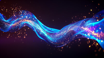 Obraz premium Abstract flowing fluid light particles purple and blue on black background in concept technology, science