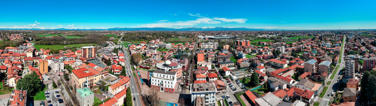 Aerial view of the municipality of Limbiate, homes and streets downtown. Rooftops. Monza and Brianza. 02-04-2024. Italy
