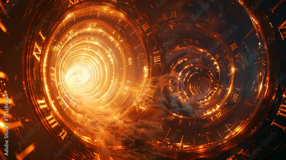 Poster a spiral tunnel with a clock on the left side and a clock on the right side. the tunnel is orange an
