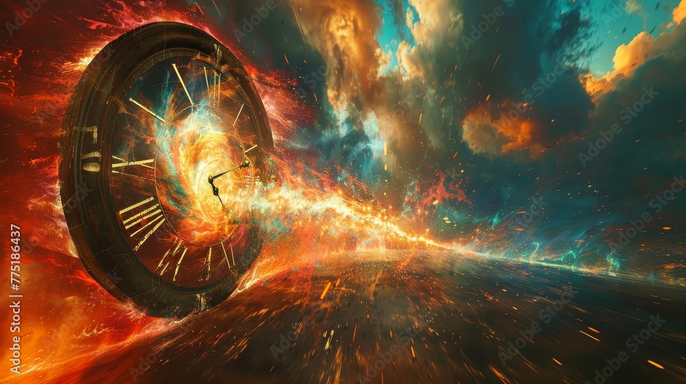 Poster a clock is shown in a fiery explosion, with the hands pointing to the number 12. the image has a sen