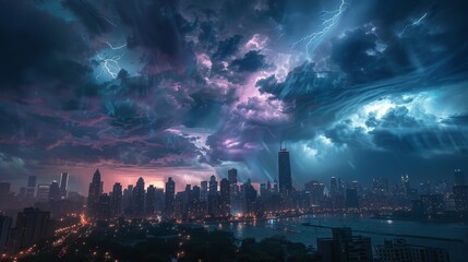 A city skyline is lit up at night with a storm in the background. The sky is filled with colorful clouds and lightning bolts. The city is bustling with activity