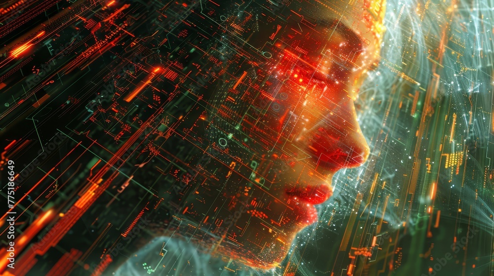 Poster a woman's face is shown in a computer generated image with a red glow around her eyes. the image is 