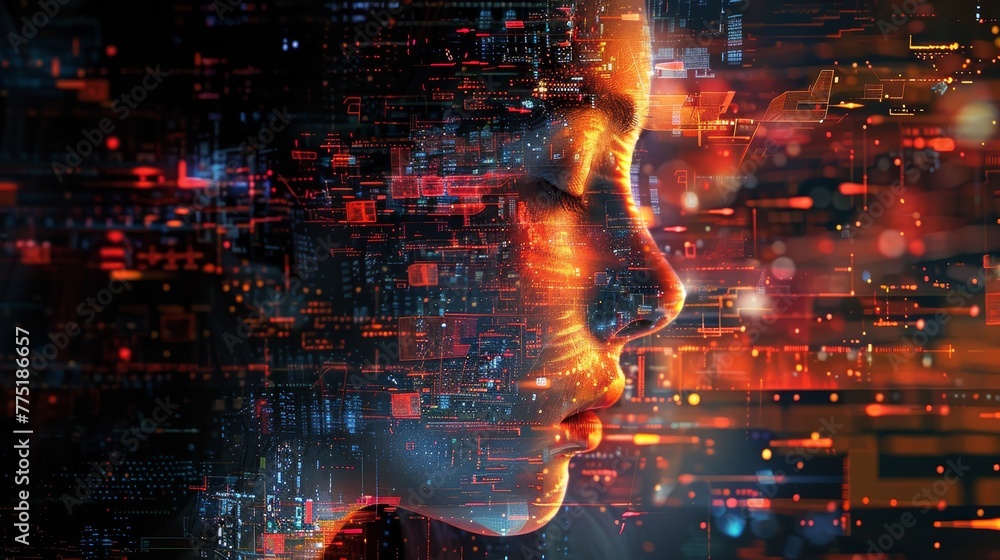 Poster a woman's face is shown in a computer generated image with a lot of red and orange colors. the image