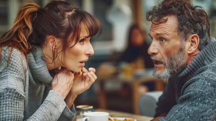 An older man and woman engage in an animated conversation over coffee in a public setting - obrazy, fototapety, plakaty