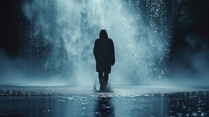 Mysterious silhouette of a man walking in the rain - obrazy, fototapety, plakaty