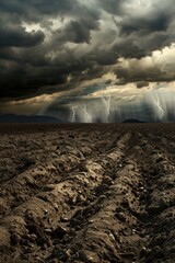 Hyper-realistic scene of rain beginning to quench thirsty soil, with dark, atmospheric clouds overhead - obrazy, fototapety, plakaty