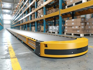 Obraz premium Conveyor belt transporting goods in a vast warehouse
