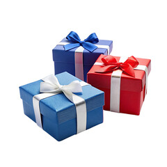 Obraz premium 3 Different colors gift boxes blue red and white isolated on transparent background.