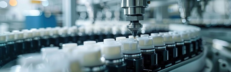 Bottles filled with liquid moving along a conveyor belt in a factory