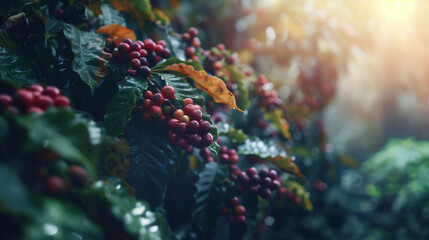 Closeup of wet coffee plant in the sun. - obrazy, fototapety, plakaty