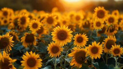 A field of yellow sunflowers with a single sunflower in the middle. The sunflower is surrounded by many other sunflowers, creating a beautiful and vibrant scene. Concept of warmth, happiness