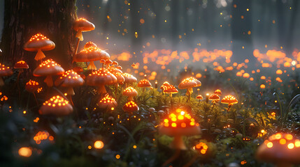 A serene glade filled with the soft glow of bioluminescent mushrooms - obrazy, fototapety, plakaty