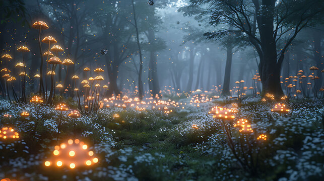 A serene glade filled with the soft glow of bioluminescent mushrooms