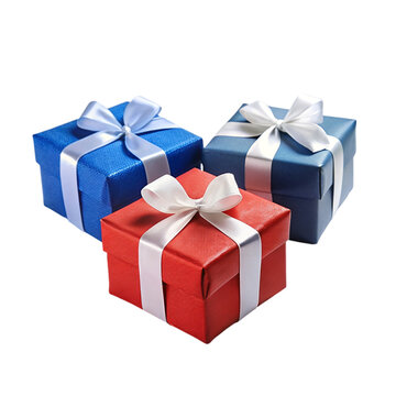 3 Different colors gift boxes blue red and white isolated on transparent background.