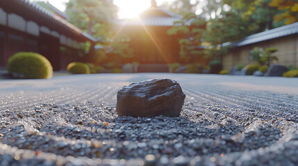 A serene Japanese Zen garden, where carefully placed rocks and raked gravel inspire tranquility
